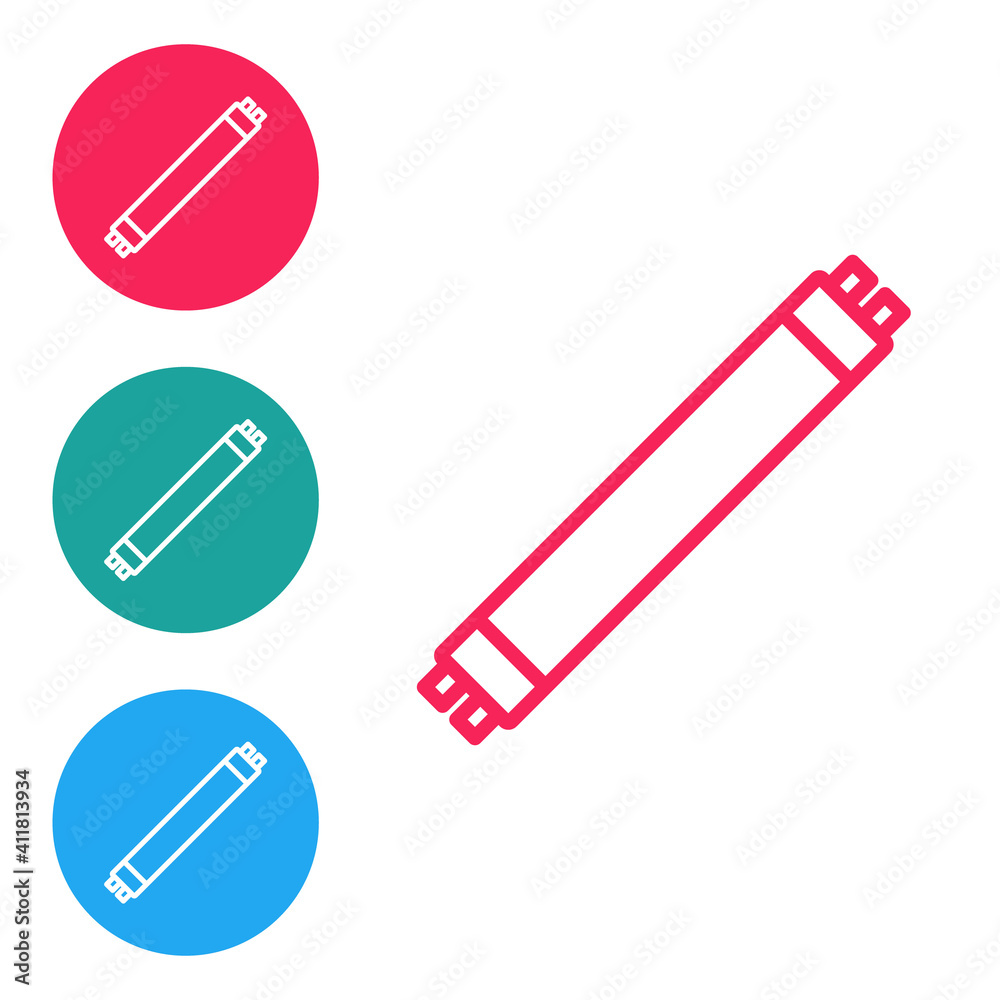 Red line Long luminescence fluorescent energy saving lamp icon isolated on white background. Set icons in circle buttons. Vector. Red line Long luminescence fluorescent energy saving lamp icon isolated on white background. Set icons in circle buttons. Vector.