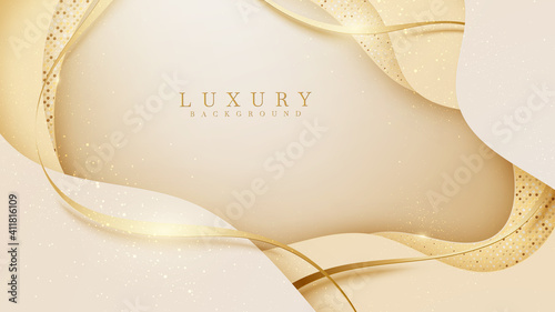Abstract yellow luxury background with golden line , Realistic paper cut style 3d. vector illustration.