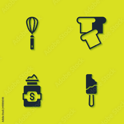 Set Kitchen whisk, Ice cream, Jar of sugar and Bread toast icon. Vector.