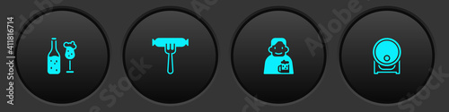 Set Beer bottle and glass, Sausage on the fork, Happy man with beer and Wooden barrel rack icon. Vector.