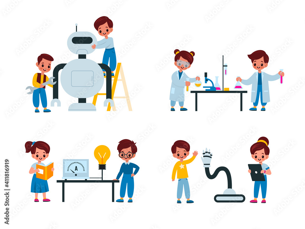 Children laboratory. Young scientists conduct research, kids in special lab coats assembling robot, work with chemicals, experiments with reagents. Science and education vector isolated set