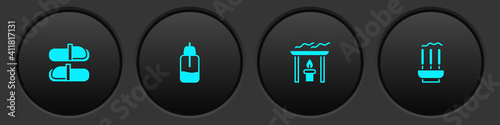 Set Sauna slippers, Essential oil bottle, Aroma candle and Incense sticks icon. Vector.