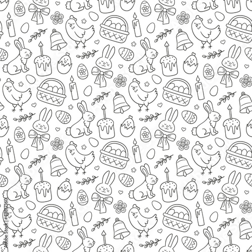 Cute Easter doodle seamless pattern with bunny  basket  easter eggs  cakes  chicken  willow twigs and candles. Vector hand drawn illustration on white background