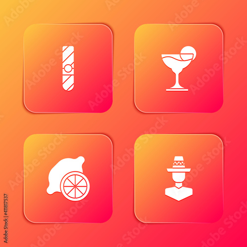 Set Cigar, Margarita cocktail, Lemon and Mexican man sombrero icon. Vector.