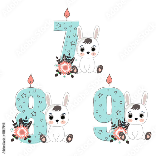 Cute cartoon a rabbit. Perfect for greeting cards  party invitations  posters  stickers  pin  scrapbooking  icons. Birthday concept. Set of a numbers a seven to nine