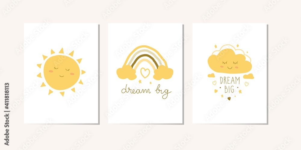Kids posters with little sun, rainbow, and cloud vector illustration