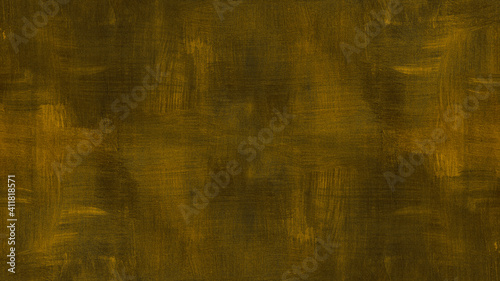 Mustard grunge background, dark moody. Faded acrylic paint in brown color. Abstract textured surface template for banner, poster. Horizontal illustration