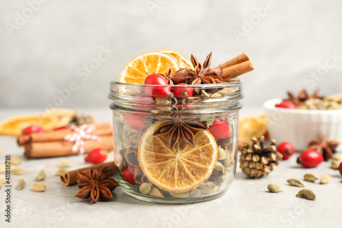Fototapeta Naklejka Na Ścianę i Meble -  Aroma potpourri with different spices on white table