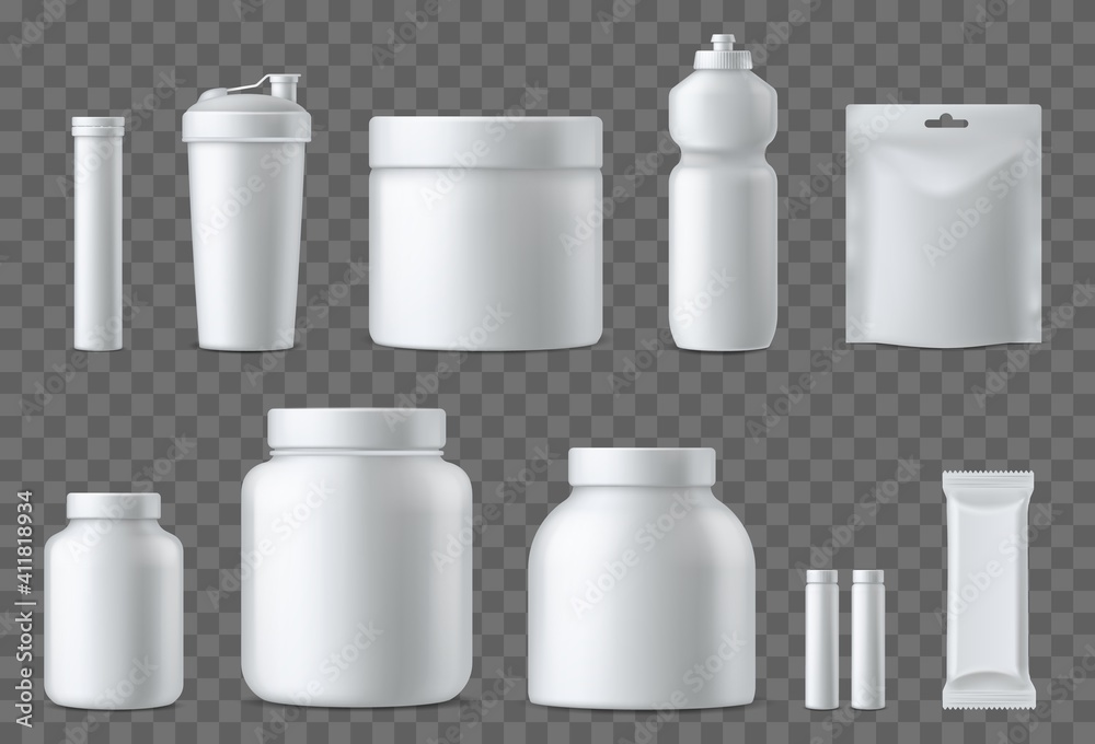 Sport nutrition containers. Realistic blank white plastic packaging mockups  collection. Superfood, whey protein powder, vitamins and energy drinks.  Sports supplements. Vector 3d set Stock Vector