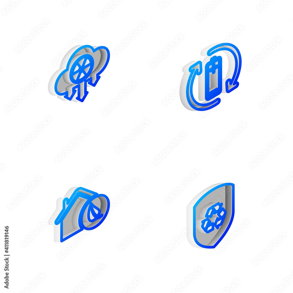 Set Isometric line Battery with recycle, Acid rain and radioactive cloud, Eco friendly house and Recycle inside shield icon. Vector. Set Isometric line Battery with recycle, Acid rain and radioactive cloud, Eco friendly house and Recycle inside shield icon. Vector.