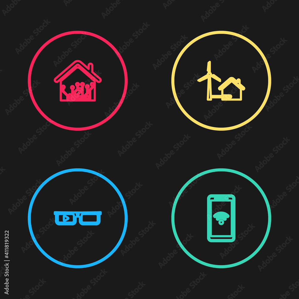 Set line Smart glasses, Mobile with wi-fi wireless, House wind turbine and home icon. Vector.