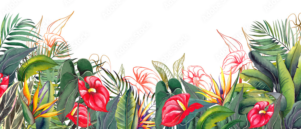 Floral border with exotic anthurium flowers and green tropical foliage.