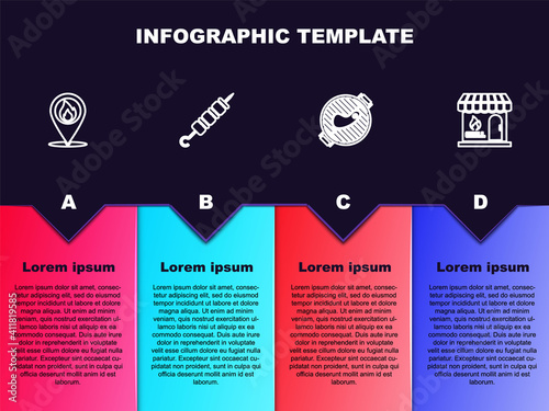 Set line Location with fire flame, Grilled shish kebab, Barbecue grill steak and shopping building. Business infographic template. Vector.