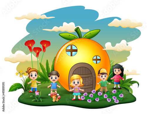 Orange house with happy children illustration