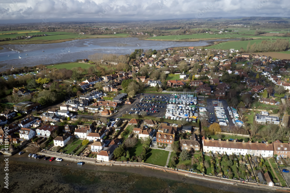 Aerial view of the yachts and old English Cottages at Bosham in Southern England.