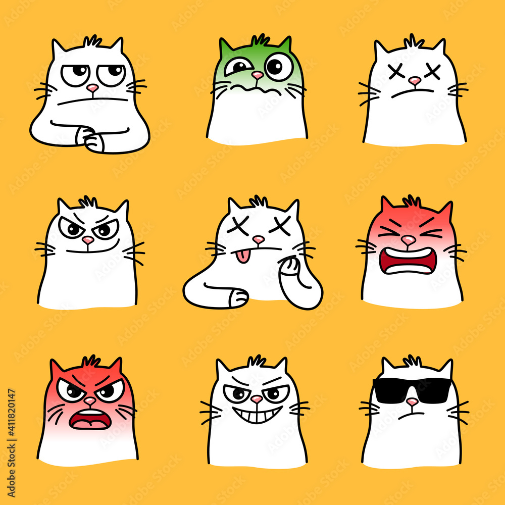 Angry cats smiles. Cartoon emoticons of home animal with big eyes