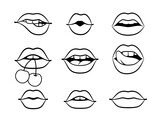 Contours of lips. Silhouettes beautiful sexy smiles of women with berry, vector illustration outlines of concept of romantic kisses isolated on white background