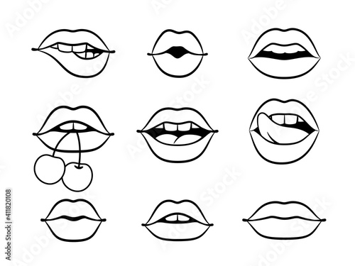Contours of lips. Silhouettes beautiful sexy smiles of women with berry, vector illustration outlines of concept of romantic kisses isolated on white background