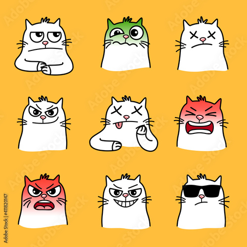 Angry cats smiles. Cartoon emoticons of home animal with big eyes, creative graphic images emotions of pets, vector illustration of evil and cool cats isolated on yellow background