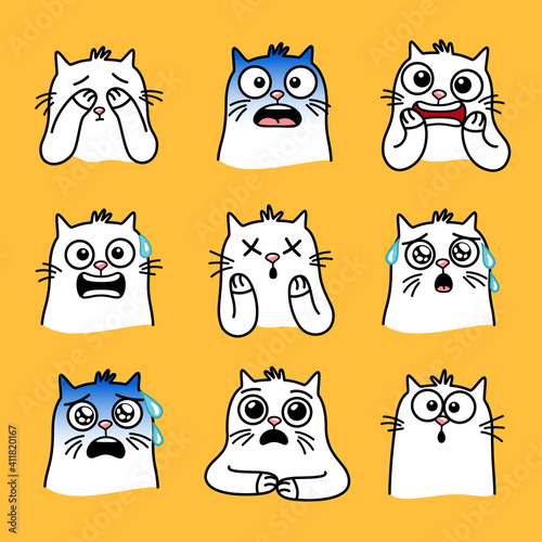 Surprised kitty set. Cartoon creative emoji of cats, graphic images of amazed pets, vector illustration emotions of funny cat isolated on yellow background