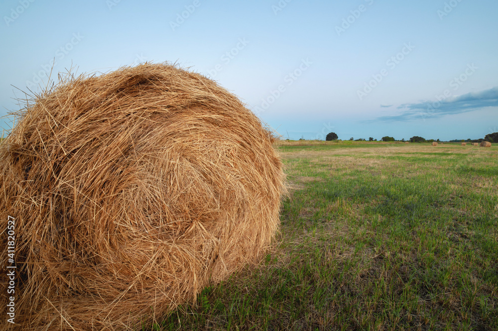 haystack on green field under the beautiful blue cloudy sky at sunrise. foggy morning. summer (autumn) landscape haystack on green field under the beautiful blue cloudy sky at sunrise. foggy morning. summer (autumn) landscape
