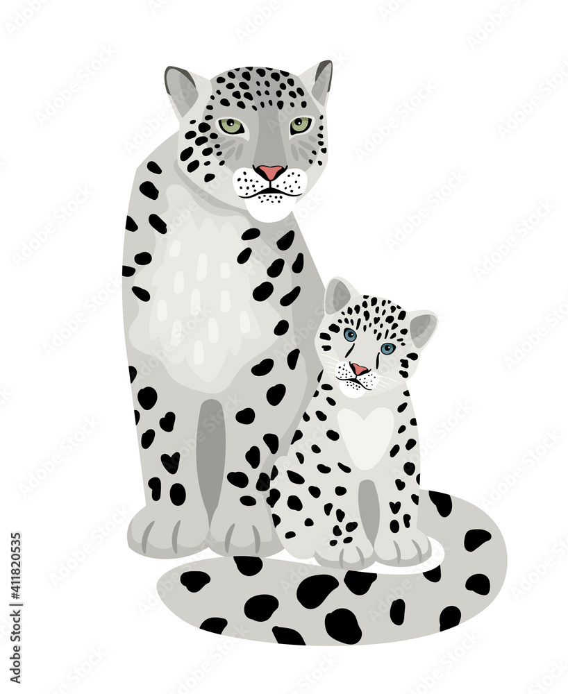 Snow leopards. Cartoon wild mammals with spots, exotic beasts of wildlife, vector illustration of aggressive cats isolated on white background