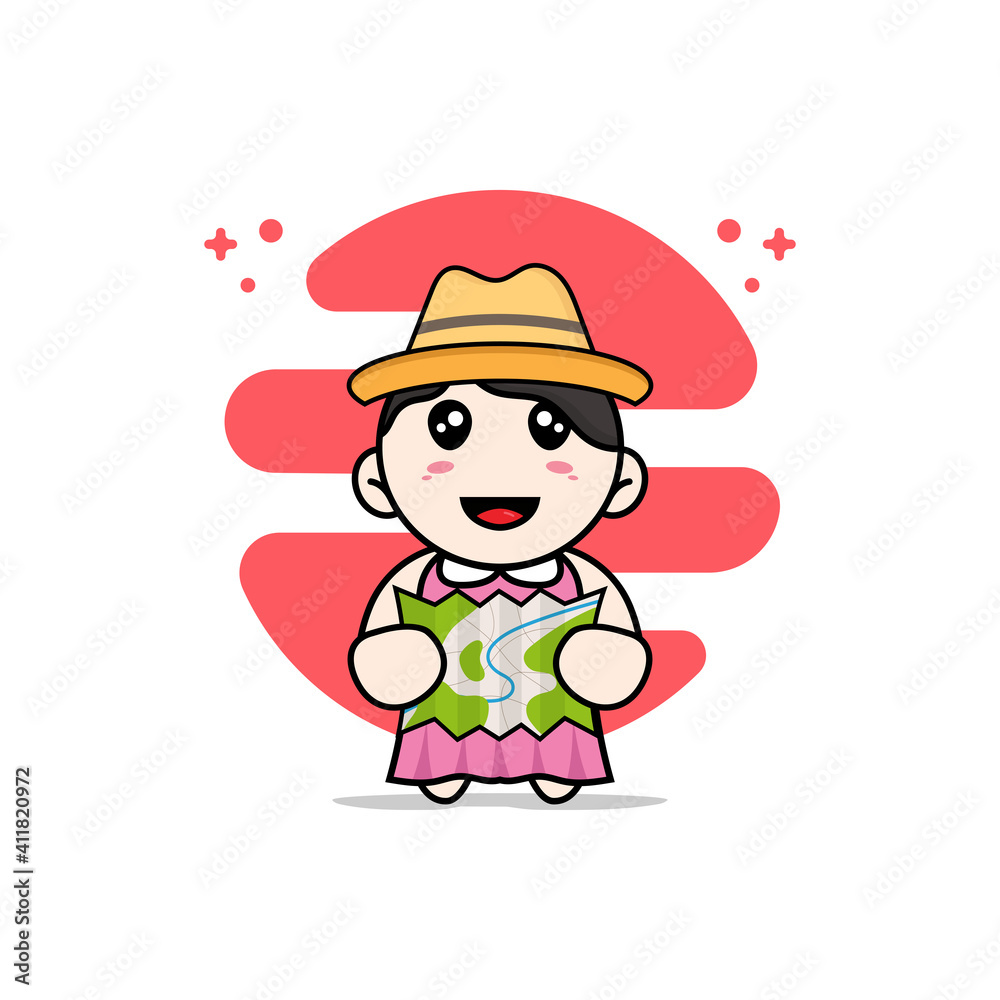 Cute girl character holding map. Cute girl character holding map.
