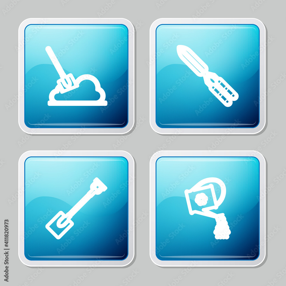 Set line Shovel in the ground, Gardening handmade scissor, shovel and Watering can icon. Vector. Set line Shovel in the ground, Gardening handmade scissor, shovel and Watering can icon. Vector.