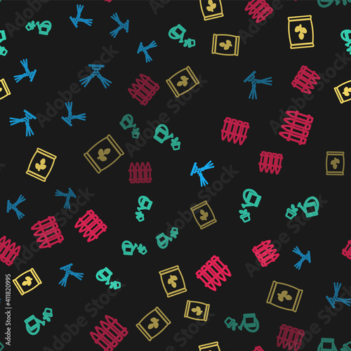 Set line Automatic irrigation sprinklers, Watering can, Fertilizer bag and Garden fence on seamless pattern. Vector.