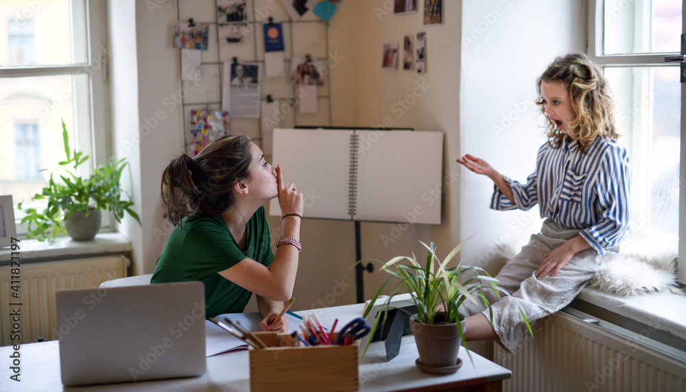 Αυτοκόλλητο Teenager schoolgirl learning online indoors at home, coronavirus and disturbance concept