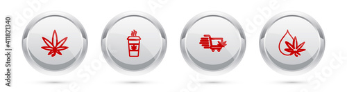 Set line Marijuana or cannabis leaf, Cup coffee with marijuana, Shopping cart and oil. Silver circle button. Vector.