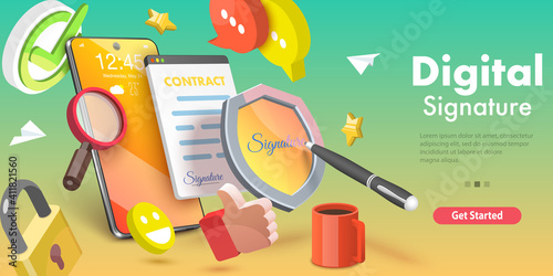 3D Isometric Flat Vector Conceptual Illustration of Digital Signature, Electronic Contract, Signing an Agreement Online.
