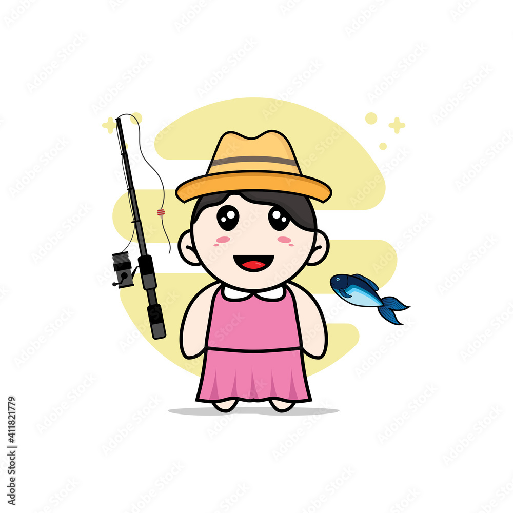 Cute girl character holding a fishing rod. Cute girl character holding a fishing rod.