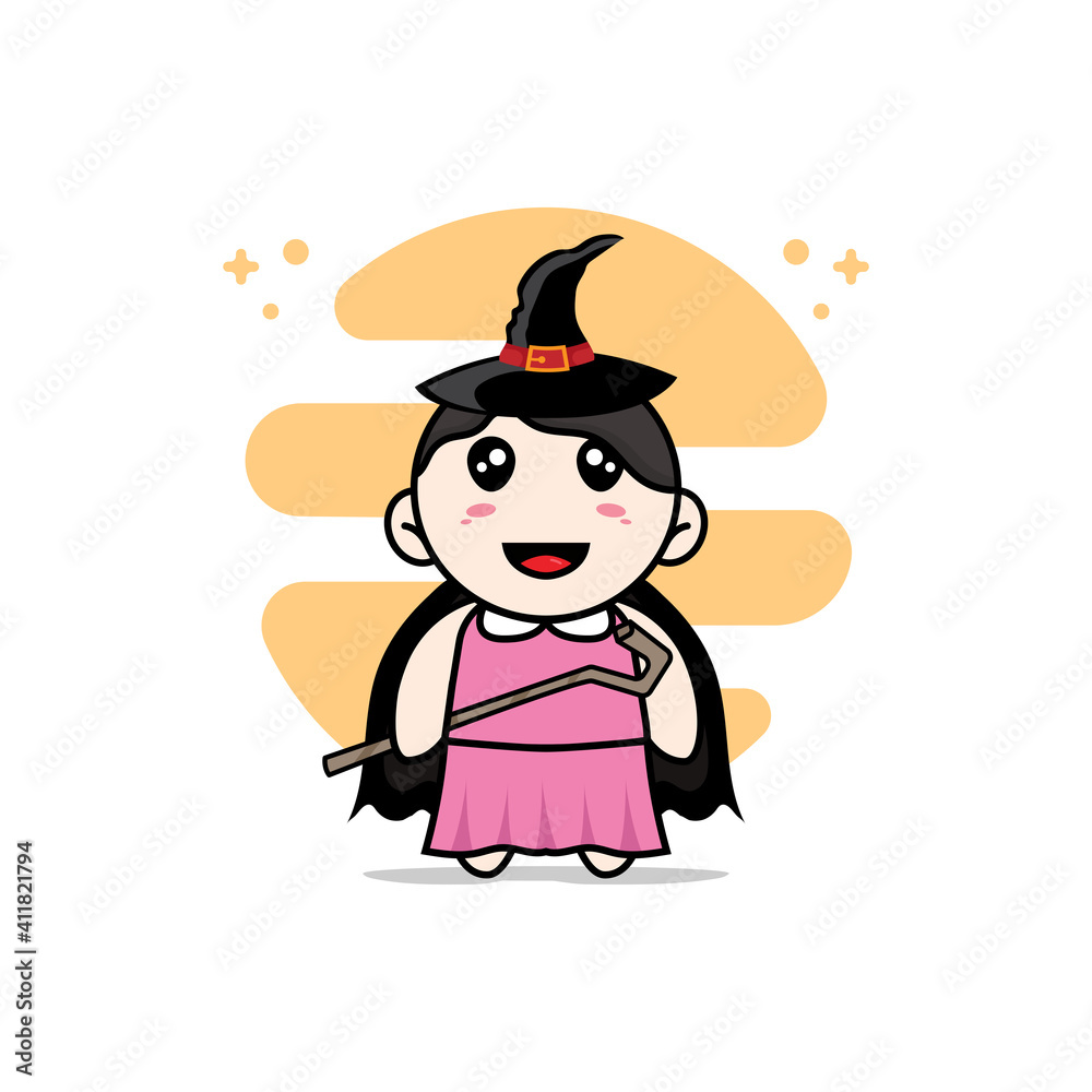 Cute girl character wearing witch costume.