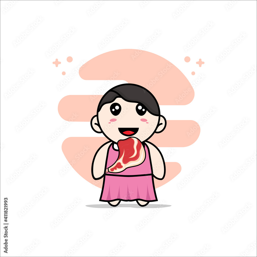 Cute girl character holding a meat.