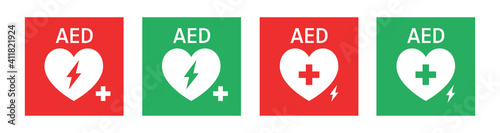 AED vector icon. Hearts electricity. AID CPR sign automated external defibrillator. Vector illustration.