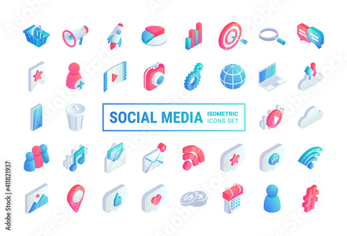 Isometric social media flat icons big set. 3d network concept symbols with chat, video, email, phone, like, music icons. Web illustration infographics collection