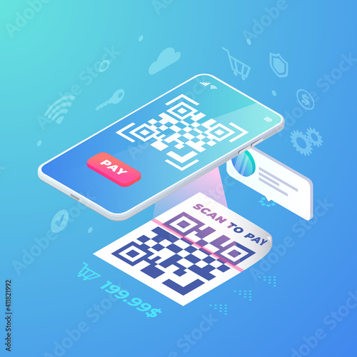 Scan QR code on smartphone screen. 3d Scanning barcode illustration, QR pay isometric vector concept. Online contactless payment with electronic pay, Digital mobile phone cashless payment