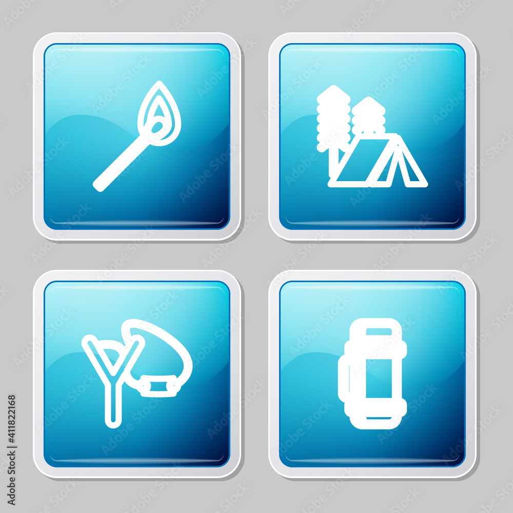 Set line Burning match with fire, Tourist tent, Slingshot and Thermos container icon. Vector. Set line Burning match with fire, Tourist tent, Slingshot and Thermos container icon. Vector.