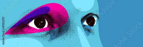 Looking eyes 8 bit dotted design style vector abstraction, human face stylized design element, with colorful splats.
