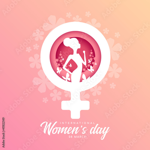 International women day banner - woman Raised Fist and butterfly flying on flower park in white female symbol vector design