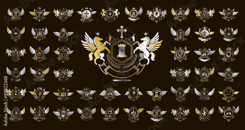 Classic style emblems big set, ancient heraldic symbols awards and labels collection, classical heraldry design elements, family or business emblems.