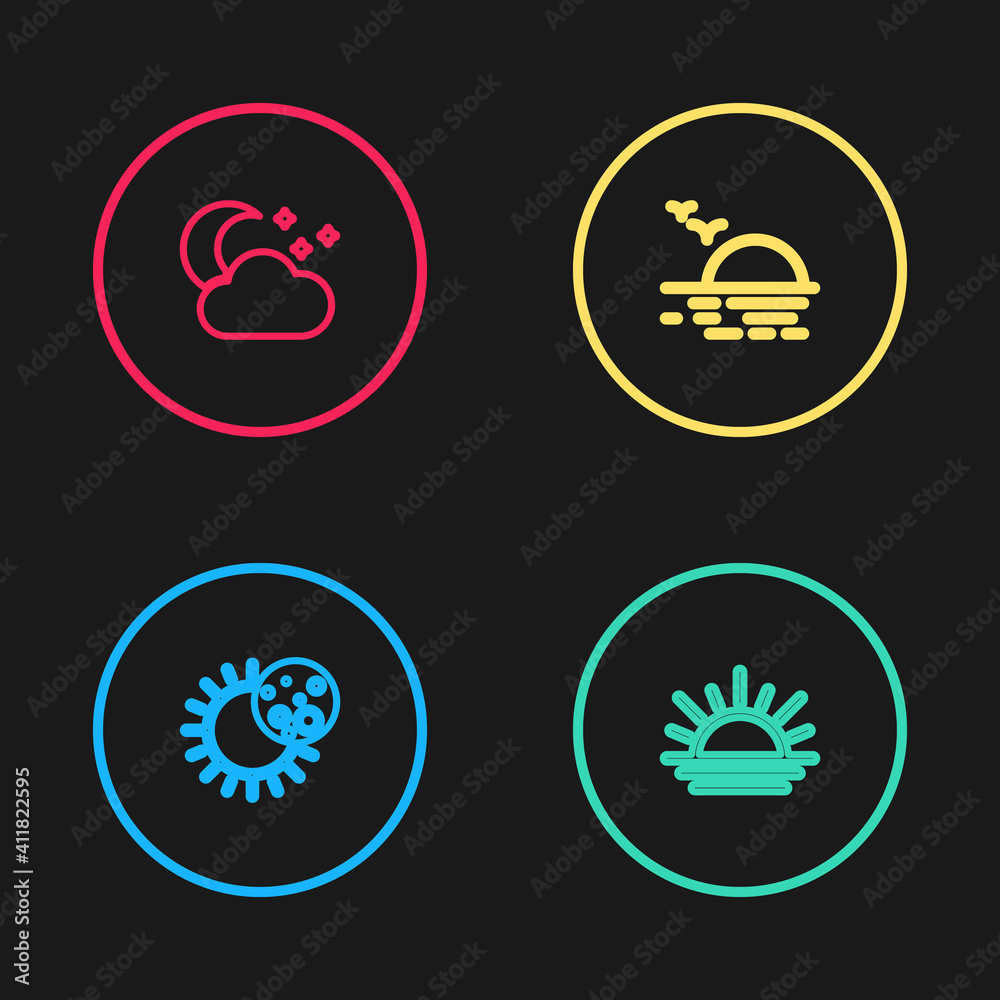 Set line Eclipse of the sun, Sunset, and Cloud with moon and stars icon. Vector. Set line Eclipse of the sun, Sunset, and Cloud with moon and stars icon. Vector.