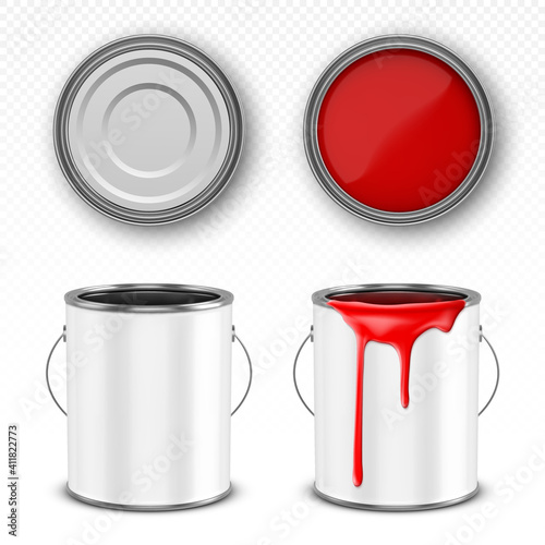 Paint metal bucket, tin can with red ink in front, top and bottom view. Vector realistic 3d mockup of blank steel container with handle and paint drips isolated on transparent background