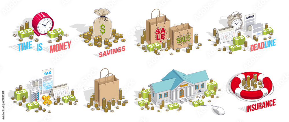 Business and finance concepts 3D vector illustrations set isolated on white background, money theme conceptual design collection, savings, bank, contract, income, safety, online. Business and finance concepts 3D vector illustrations set isolated on white background, money theme conceptual design collection, savings, bank, contract, income, safety, online.