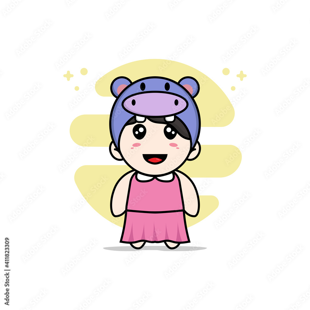 Cute girl character wearing hippopotamus costume. Cute girl character wearing hippopotamus costume.