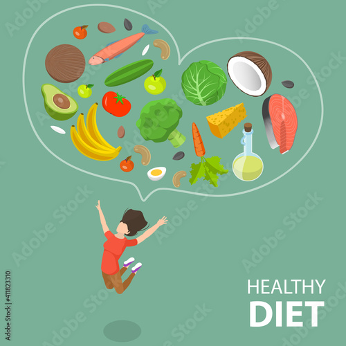 3D Isometric Flat Vector Conceptual Illustration of Healthy Diet, Balanced Eating Lifestyle.