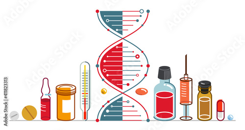 DNA strand based medical theme composition with lots of different drugs and meds vector illustration isolated, drugstore or medical biotechnology scientific research.