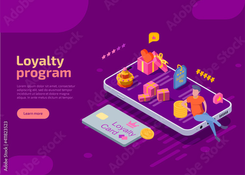 Cashback, reward or loyalty program isometric web banner. Discount card and man with cash coins, gifts on giant smartphone on violet background. Online shopping promotion offers for regular customers.