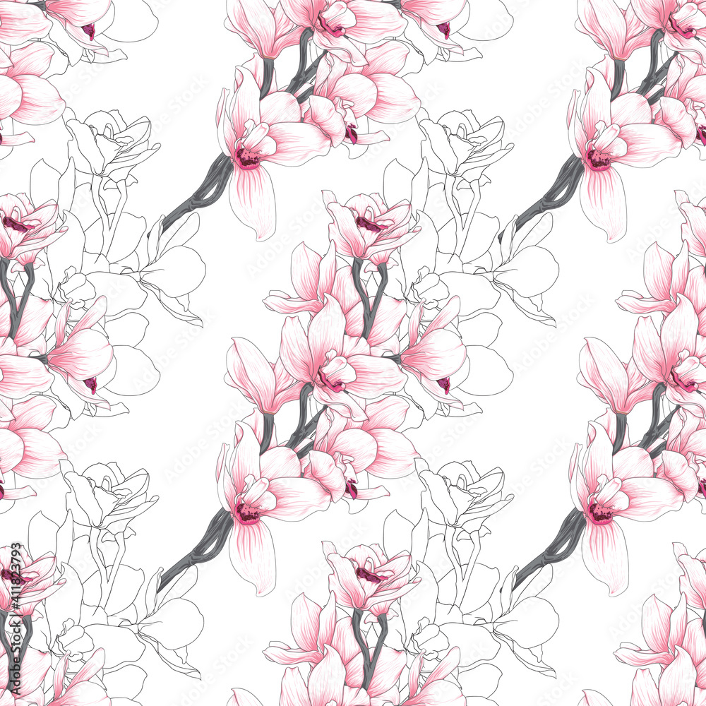  Seamless pattern botanical pink-white Orchid flowers on abstract pink pastel backgground.Vector illustration drawing watercolor style.For used wallpaper design,textile fabric or Product packaging.